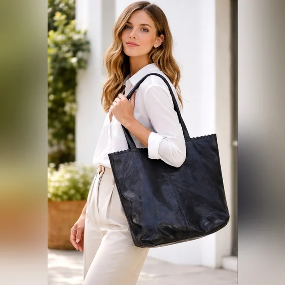 Latico Dark Blue Leather Tote Bag With Floral Lining 13x13 - Picture 3 of 13